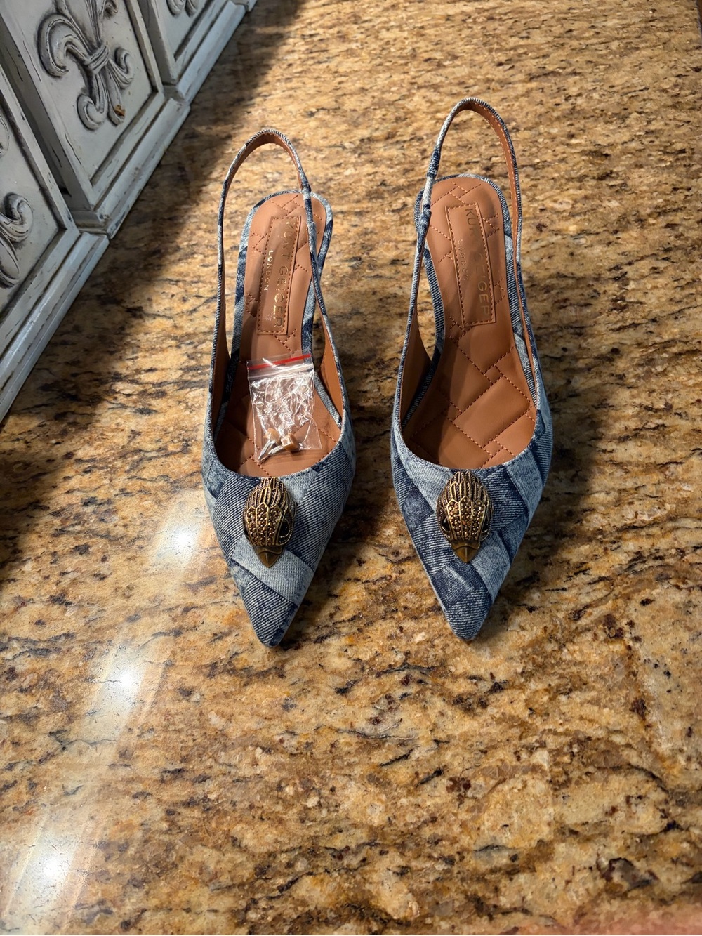 Kurt Geiger Blue Denim Pointed Slingback Heels with Gold Accent